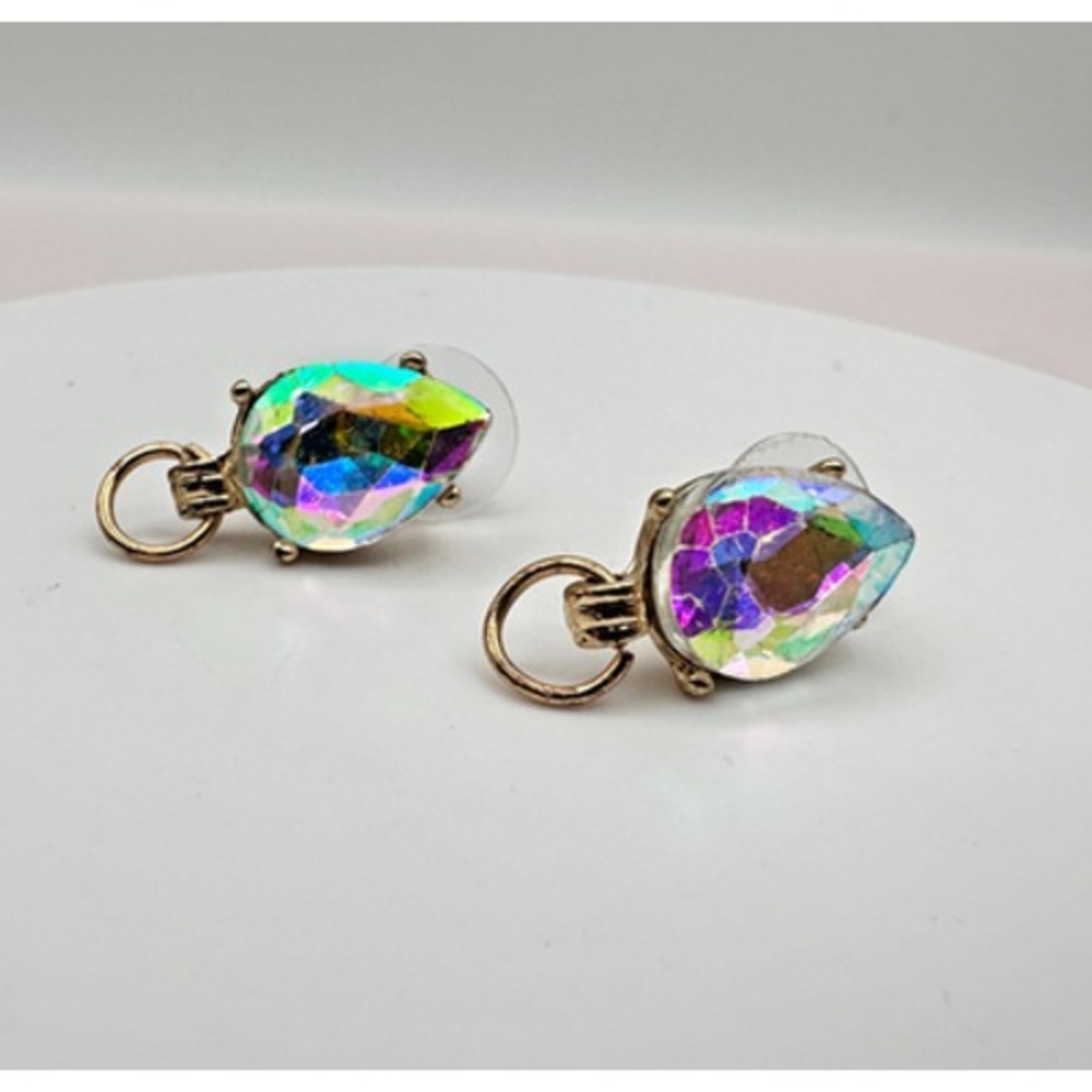 Vintage Y2K Teardrop Rhinestone Iridescent Gold Tone Stud Earrings Jewelry
